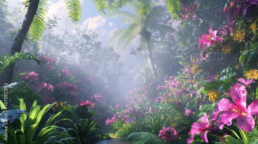 Obraz premium Enchanted Rainforest: Insect's View of a Vibrant 3D Jungle Paradise at Dawn
