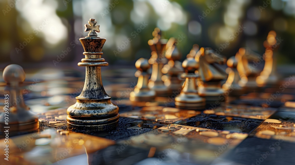 Strategic Thinking Through Chess: Chess Pieces on Board Symbolizing Strategy, Leadership, and Tactical Planning in a Thoughtful, Sunlit Environment Strategic Thinking Through Chess: Chess Pieces on Board Symbolizing Strategy, Leadership, and Tactical Planning in a Thoughtful, Sunlit Environment
