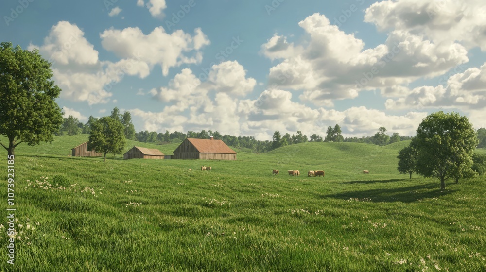 Tranquil Countryside Retreat - 3D Render of Pastoral Farm Scene Through a Cow's Eyes Tranquil Countryside Retreat - 3D Render of Pastoral Farm Scene Through a Cow's Eyes