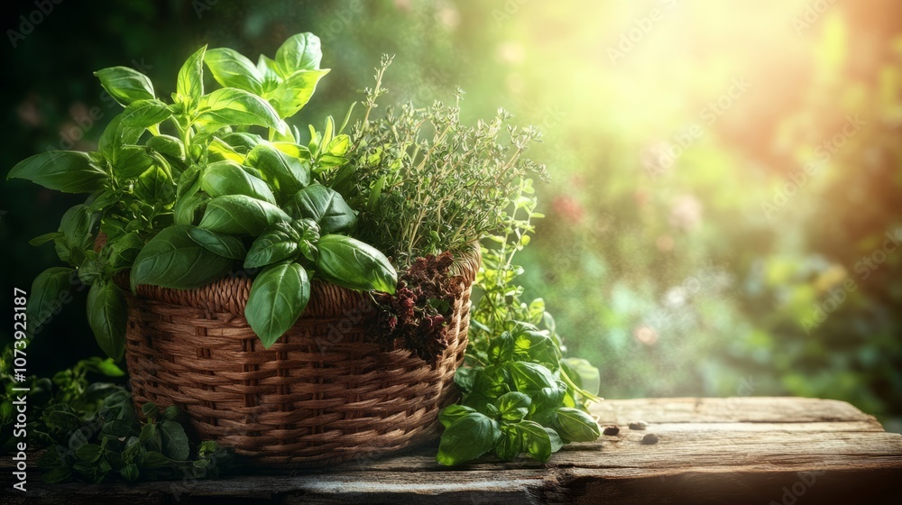 Fresh green bunches of herbs, basil, thyme and rosemary in a woven wooden basket on a wooden table on a slightly blurred background of lush vegetation and space for text or inscriptions
Fresh green bunches of herbs, basil, thyme and rosemary in a woven wooden basket on a wooden table on a slightly blurred background of lush vegetation and space for text or inscriptions