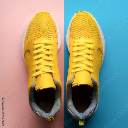 Yellow Modern unisex footwear, sneakers, isolated on a soft blue and Pink Pastel photo