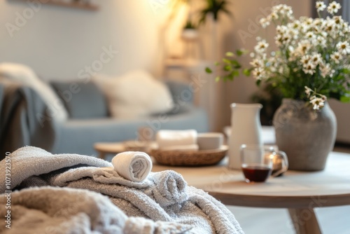 cozy lounge area in a Scandinavian spa, with plush robes, soft blankets, and herbal teas, offering relaxation, minimal Scandi nordic style photo