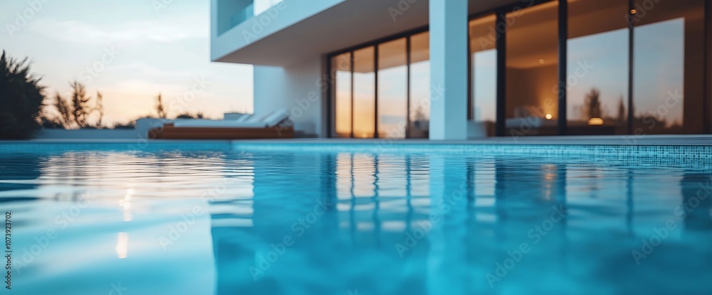 Obraz premium Close-up view of a clear blue swimming pool with a modern building in the background.