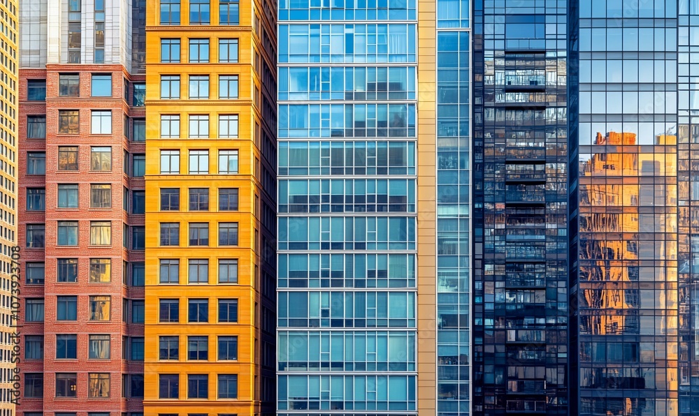 Close-up view of three modern buildings with a glass facade. The building on the left is brick and the building Close-up view of three modern buildings with a glass facade. The building on the left is brick and the building