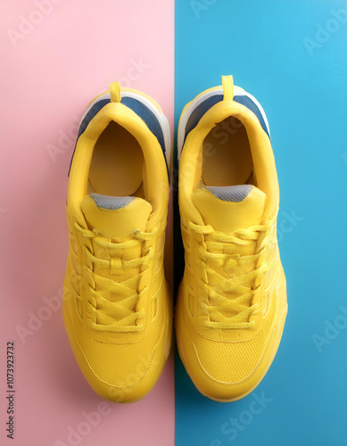 Yellow Modern unisex footwear, sneakers, isolated on a soft blue and Pink Pastel photo