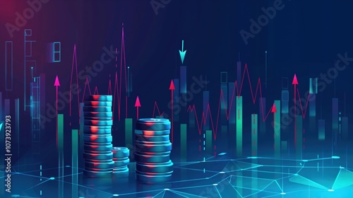 Abstract Financial Graph and Rising Coins Displaying Market Trends and Economic Growth in a Digital Presentation