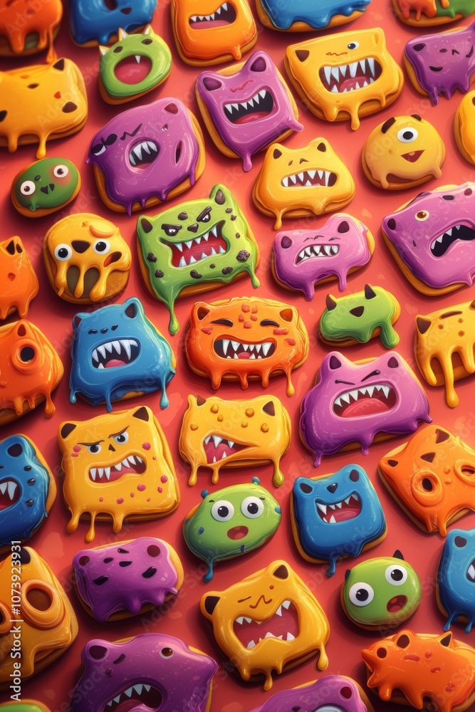 A close-up shot of colorful, dripping, monster-shaped cookies. A close-up shot of colorful, dripping, monster-shaped cookies.