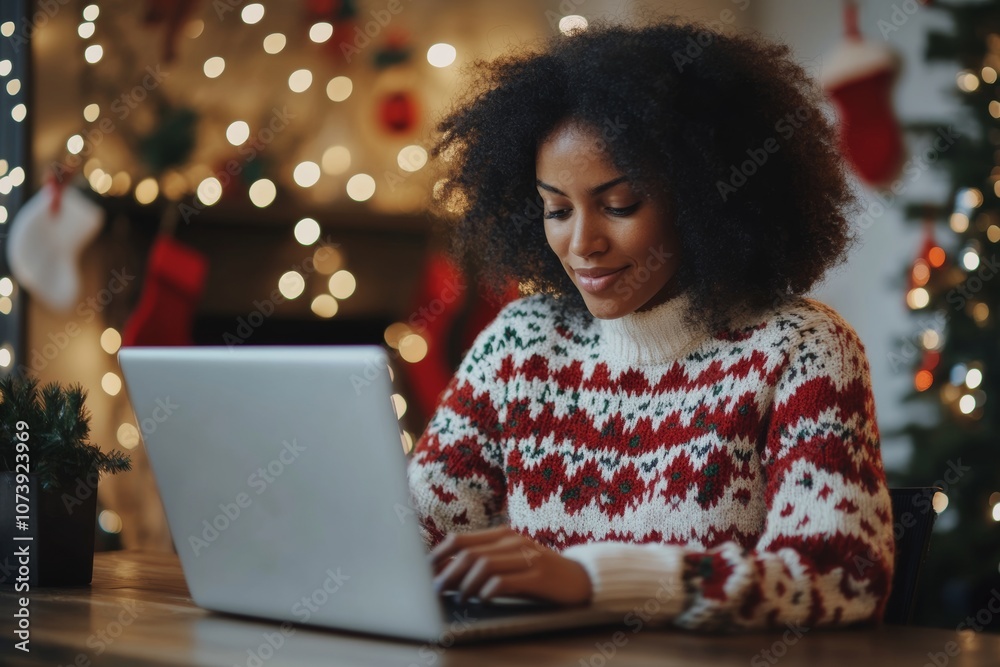 diverse woman in a xmas holiday sweater working remotely at a laptop on online meeting in a home office, with Christmas decorations subtly displayed around diverse woman in a xmas holiday sweater working remotely at a laptop on online meeting in a home office, with Christmas decorations subtly displayed around