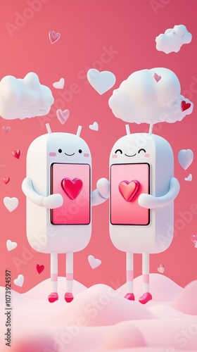 Adorable Humanized Smartphones as Characters Displaying Hearts in a Whimsical Pink Dreamscape with Floating Clouds and Hearts