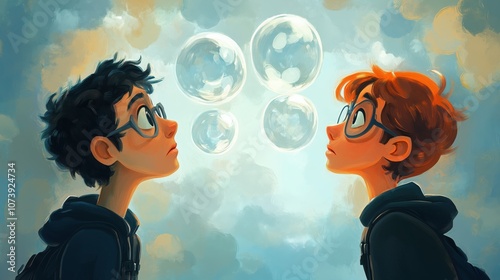 Two People in Cartoon Style Gazing at Floating Bubbles in a Dreamlike Cloudy Sky Setting, Emphasizing Mystery and Imagination
