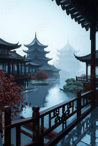 Verträumter asiatischer Garten im Nebel mit traditioneller Architektur

 photo