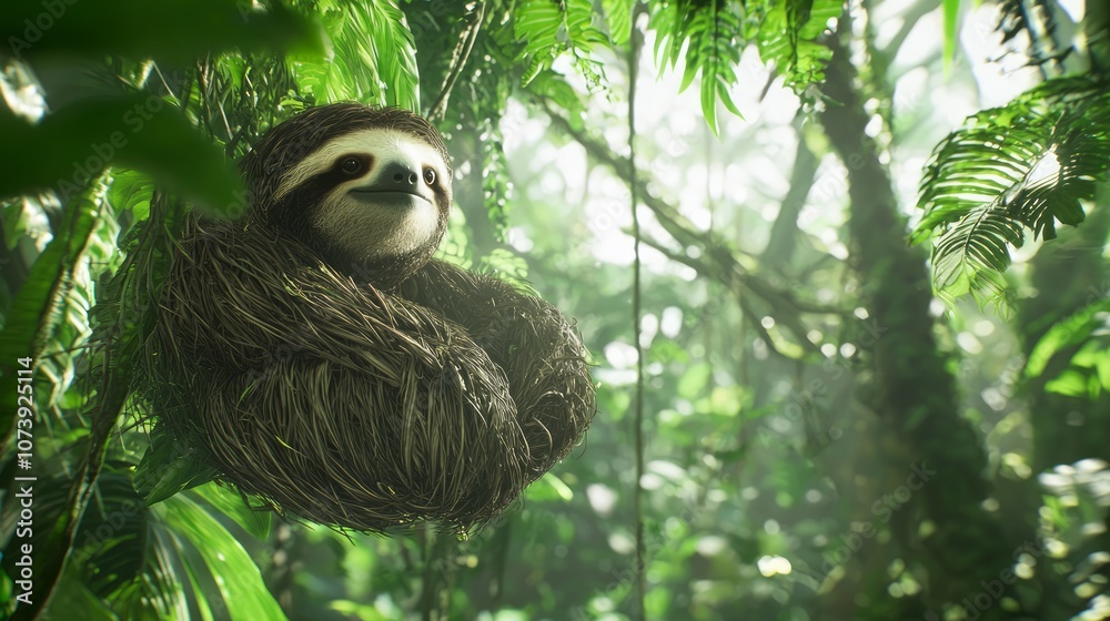 Fototapeta premium Tranquil Sloth's Perspective in Lush Jungle 3D Render: Immersive Wildlife Experience in Ultra-Detailed Artwork