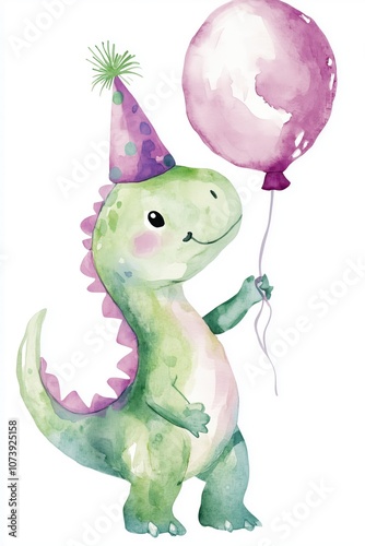 Watercolor Illustration of a Cute Baby Dinosaur in Party Hat Holding a Balloon with Joyful Expression