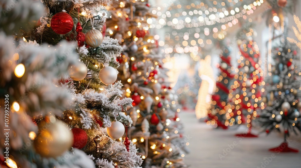 Beautifully Decorated Christmas Trees with Red and Gold Ornaments and Festive Lights Beautifully Decorated Christmas Trees with Red and Gold Ornaments and Festive Lights