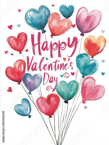 Colorful Watercolor Illustration of Heart Balloons with Happy Valentine's Day Text