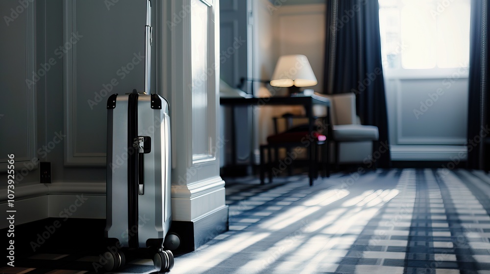 Elegant Suitcase in Luxurious Hotel Room with Soft Lighting and Cozy Ambiance Elegant Suitcase in Luxurious Hotel Room with Soft Lighting and Cozy Ambiance