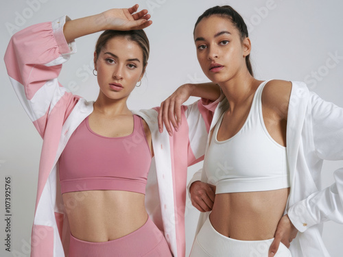 Dos mujeres jóvenes y hermosas. Ropa deportiva sujetador feliz
