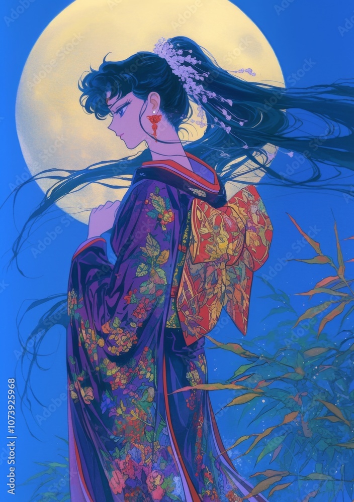 Fototapeta premium A young woman in a traditional Japanese kimono stands in front of a full moon.