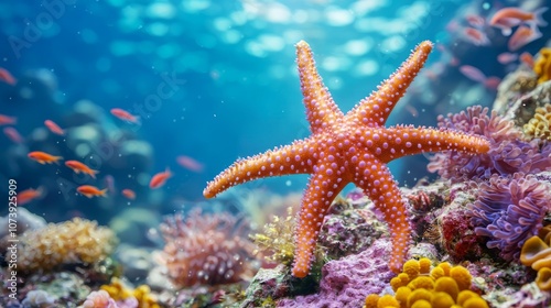 Exploring the Vibrant Underwater World: 3D Render of Starfish Amid Colorful Coral Reef Scene, Fish, and Gentle Water Movement