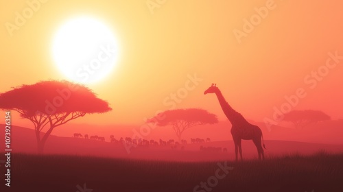 Majestic Giraffe's View: Vibrant Sunset over Savanna with Acacia Trees and Grazing Herds - 3D Render Digital Artwork