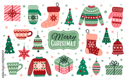 Christmas red green backdrop with ornate xmas ugly sweaters, mugs, gift boxes, mittens, stockings, fir trees, decorative toys, bells, stars and snowflakes. EPS 10 vector illustration set.