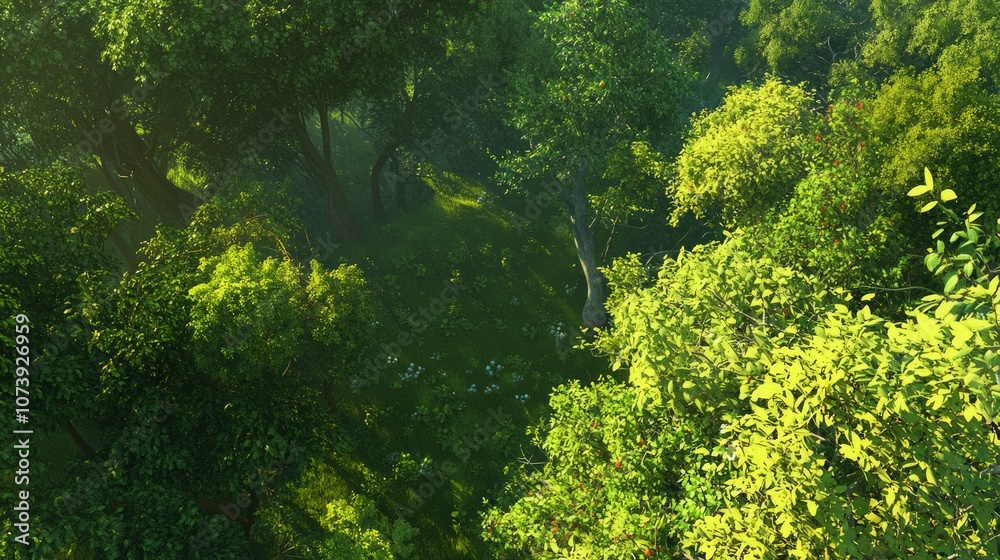 Fototapeta premium Serenity in Nature: A Stunning 3D Render of Lush Bird's Eye Forest View with Vibrant Greenery and Sunlight Patterns