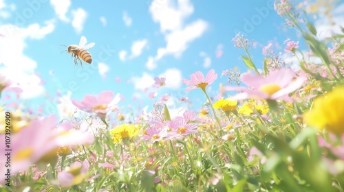 Buzzing Meadow: 3D Render of Lively Wildflowers and Busy Bees in Vibrant Detail