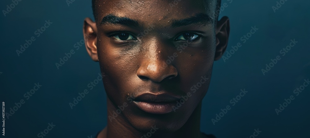 Determined Young Man Portrait on Navy Blue Monochrome Background for Motivational Design Determined Young Man Portrait on Navy Blue Monochrome Background for Motivational Design