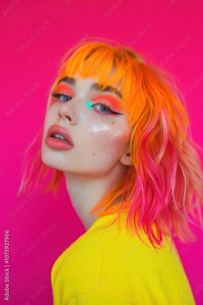 Vibrant Portrait of a Young Woman With Neon Hair and Artistic Makeup for Fashion Posters Vibrant Portrait of a Young Woman With Neon Hair and Artistic Makeup for Fashion Posters