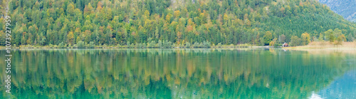 lake offensee in austria,, panoramic autumn trees and reflection