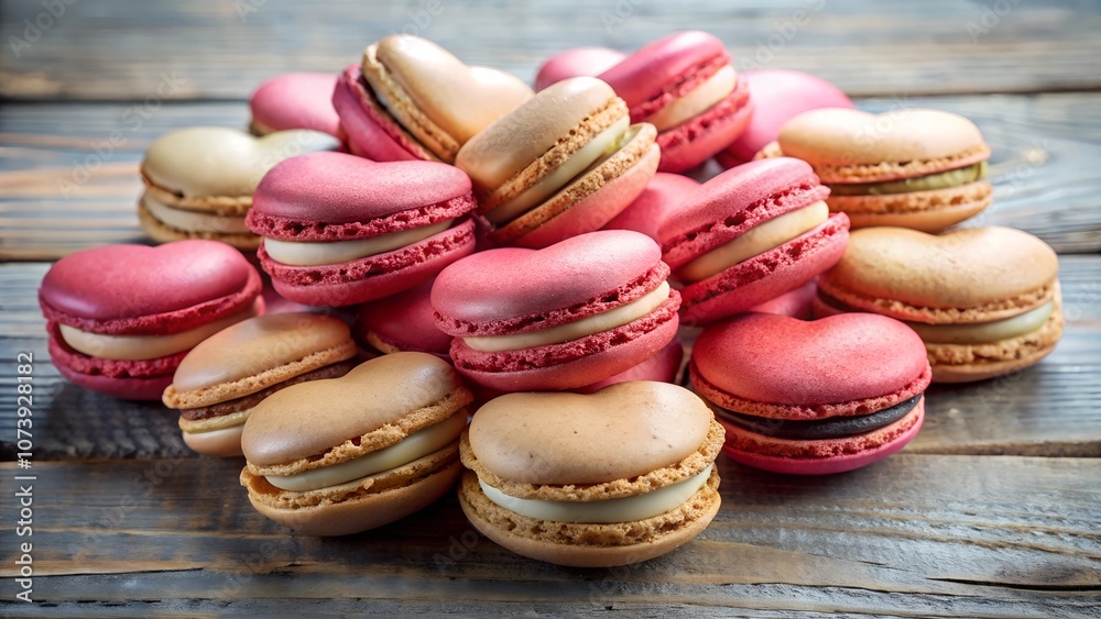 Fototapeta premium heart shaped colorful macaroons on a wooden table