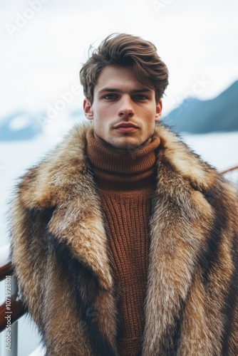 A young man in a fur coat looks intensely at the camera.