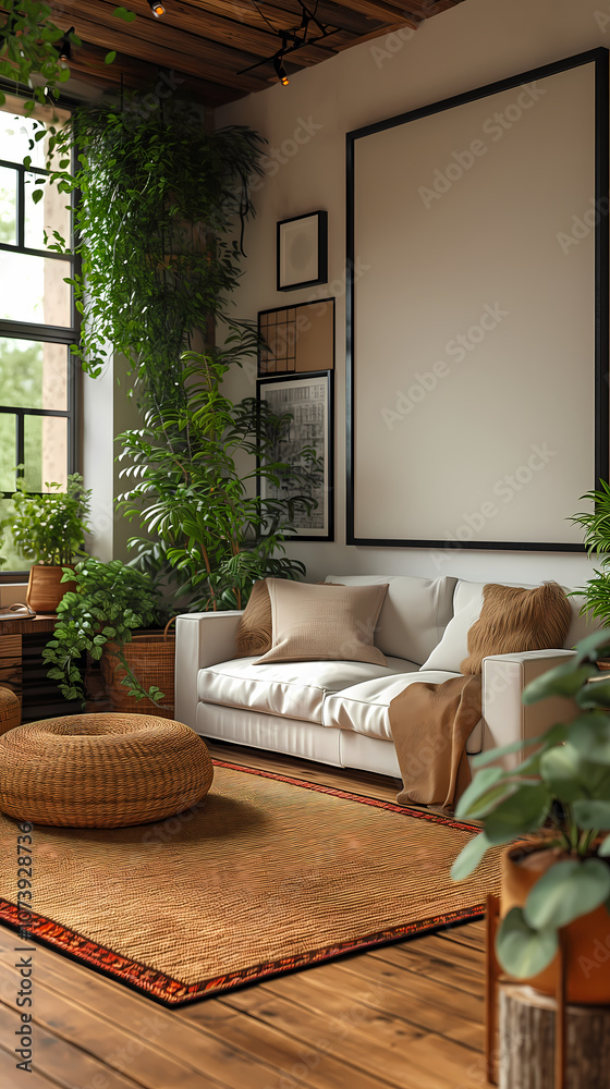Room in modern style with a mockup for a poster. Room in modern style with a mockup for a poster.