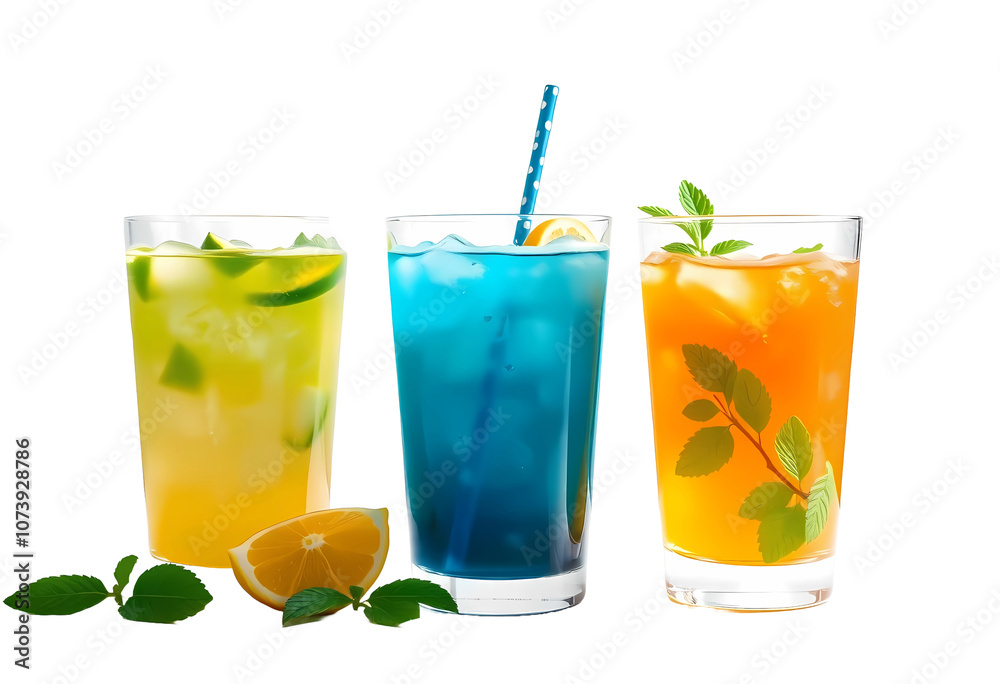 Fototapeta premium Three isolated colorful healthy drinks with lemon slices and mint leaves 