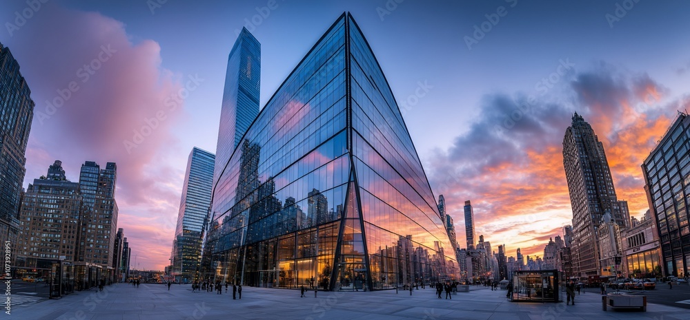 Modern glass skyscraper reflecting a colorful sunset in a city. Modern glass skyscraper reflecting a colorful sunset in a city.