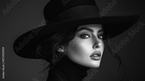 Elegant Woman Posing in a Large Black Hat With Dramatic Look and Sophisticated Style