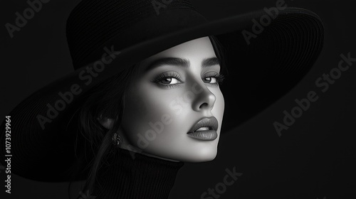 Elegant Woman in Stylish Black Hat Posing in Stunning Black and White Portrait