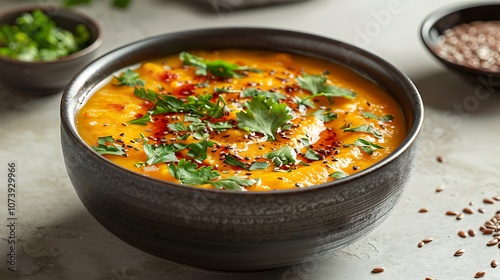 A comforting bowl of pumpkin pureed soup, garnished with parsley leaves and flax seeds, presented in an elegant black bowl on a light countertop, with the soft, smooth texture of the soup visible.