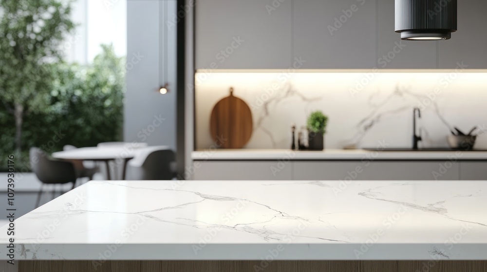 Modern kitchen with a marble countertop and stylish decor.
