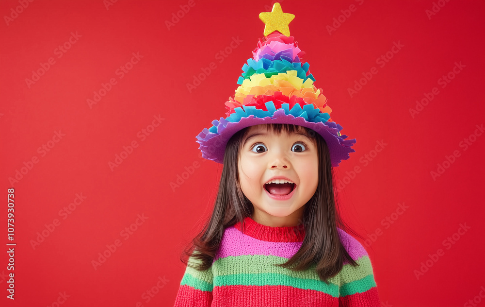 a little girl wearing a funny hat, set against a festive Christmas background a little girl wearing a funny hat, set against a festive Christmas background