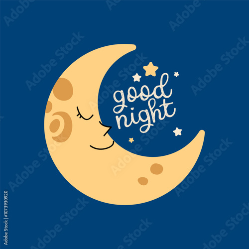 Good night - vector hand drawn lettering with yellow moon and stars. In the handmade phrase on the dark background. Card, flyer, banner design