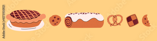Set baking in cartoon style. Vector illustration of cookies, cream roll, pie on white background.