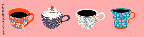 Set of various cups with tea or coffee. Side view. Different ornaments. Flowers, berries, etc Hand drawn colored trendy vector illustration. Cartoon style. Flat design. Isolated on a pink background