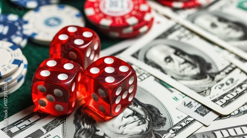 Gambling for Money with Red Dice and Casino Chips on Hundred Dollar Bills Background photo