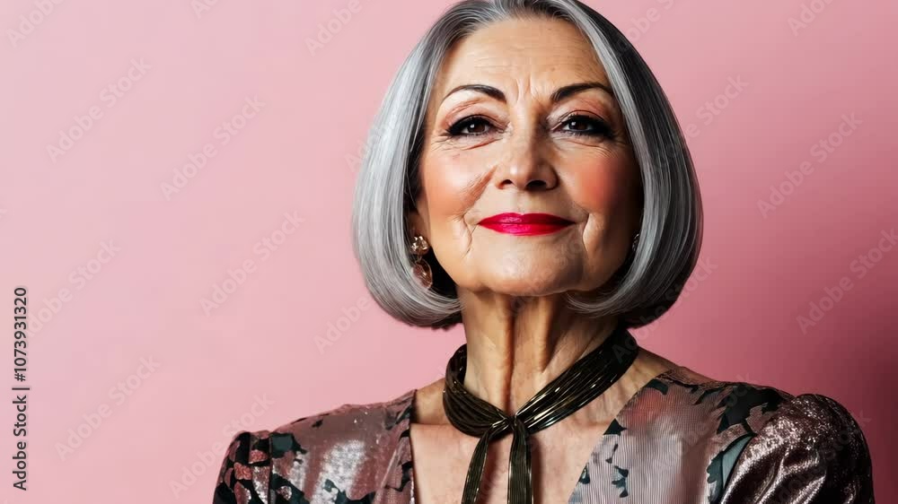 An elegant 60-year-old lady with a bob haircut, dressed in a luxurious outfit, posing against a light pink background