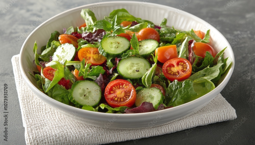 Freshly prepared garden salad with cucumbers and tomatoes on a textured surface Freshly prepared garden salad with cucumbers and tomatoes on a textured surface