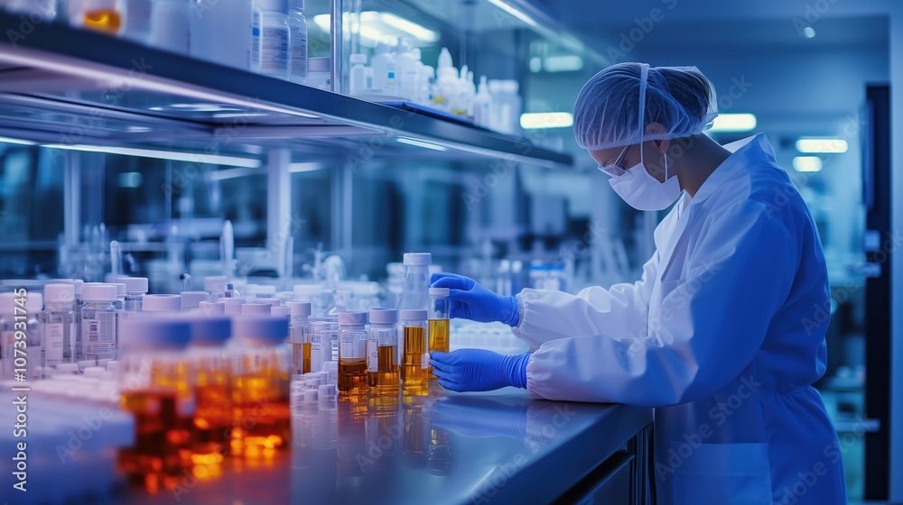 Fototapeta premium Scientist in Protective Gear Working in a Modern Laboratory with Chemical Solutions and Equipment Focused on Biopharmaceutical Research and Development in a High-Tech Facility