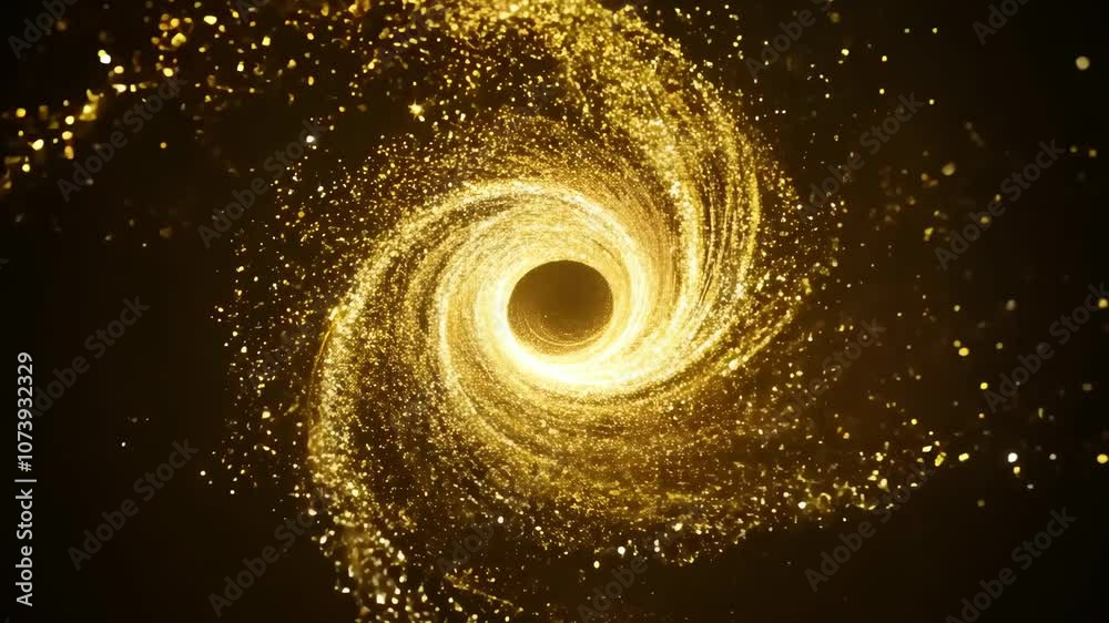4k Animation of the appearance of gold particles that form into a spiral shape on the black background. Hypnotic glitter tunnel. Background for editing footage and screensavers