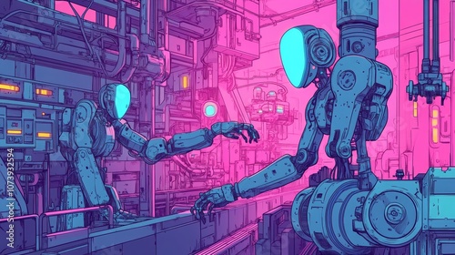 Neonthemed anime robots in versatile hightech industrial settings photo