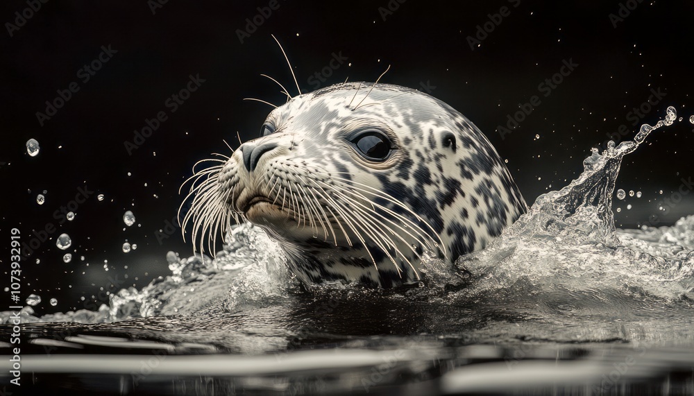 Obraz premium A playful seal swimming in sparkling water with droplets flying around at dawn